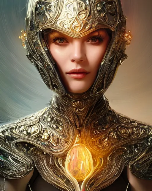 Prompt: a beautiful woman wearing shiny plastic armor inside an ornate bottle of iridescent liquid, alchemy, intricate, bloom, detailed, volumetric lighting, sharp focus, photorealism, digital painting, highly detailed, concept art, by by artgerm and wlop