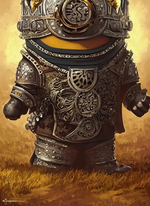 Image similar to Minion Bob as a Knight King, funny pose, fantasy art, intricate, ornate, Hyperdetailed, digital art, behance, artstation, smooth, illustration, digital painting, elegant, symmetrical,