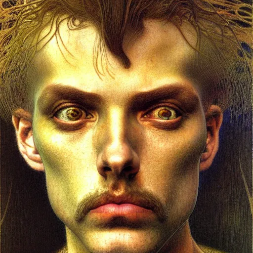 Image similar to realistic .extremely. detailed. portrait painting of an average man by Jean Delville, Amano, Yves Tanguy, Alphonse Mucha, Ernst Haeckel, Edward Robert Hughes, Roger Dean, moody colors, gold eyes