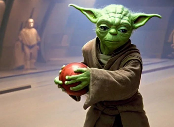 Image similar to film still of yoda uses the force to roll a bowling bowl down a lane in a bowling alley in the new Star Wars movie, 4k