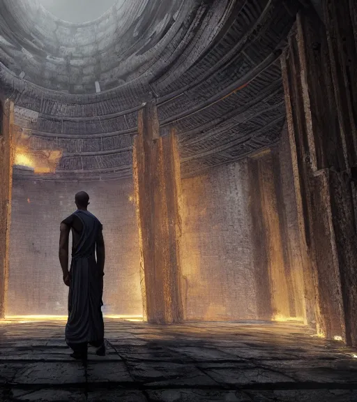 Prompt: monk standing in a futuristic stand in the ancient destroyed tower of babylon, hyper realistic, blockchain, cyber world, ambient lighting, concept art, intricate, hyper detailed, tarkovsky greatest scene, smooth, dynamic volumetric lighting, octane, ray trace, cinematic, high quality, high resolution, 4 k, cgsociety, greg rutkowski, gurney