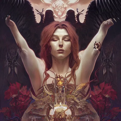 Prompt: a beautiful death metal cover art, highly detailed, digital painting, artstation, concept art, sharp focus, illustration, art by alex ross and greg rutkowski and alphonse mucha