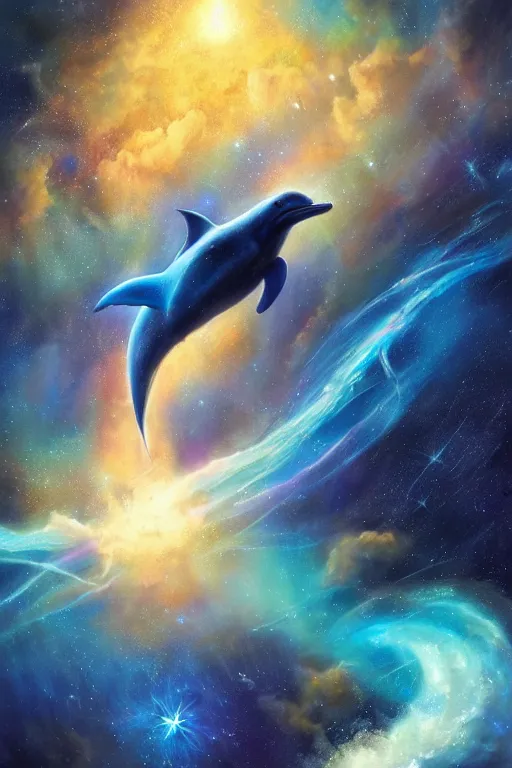 Image similar to Ethereal blue fire dolphin flying through a nebula, Sirius star system, star dust, cosmic, magical, shiny, glow,cosmos, galaxies, stars, outer space, stunning, by andreas rocha and john howe, and Martin Johnson Heade, featured on artstation, featured on behance, golden ratio, ultrawide angle, hyper detailed, photorealistic, epic composition, wide angle, f32, well composed, UE5, 8k