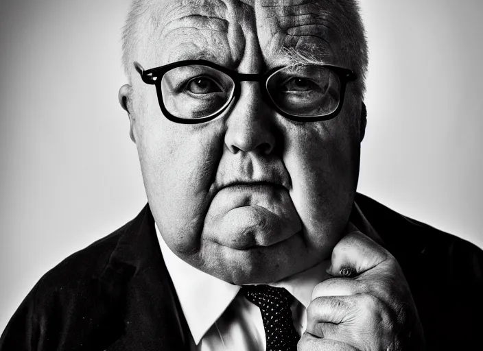 Prompt: high resolution black and white portrait with an 8 0 mm f / 4. 4 lens of a fat 7 0 year old intelligence agent looking very serious with a face like he is guarding a secret.