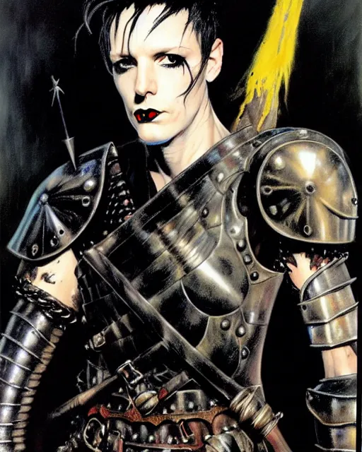 Image similar to portrait of a skinny goth punk keany reeves wearing armor by simon bisley, john blance, frank frazetta