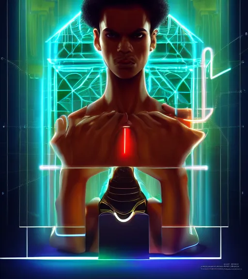 Image similar to symmetry!! egyptian prince of technology, solid cube of light, hard edges, product render retro - futuristic poster scifi, lasers and neon circuits, brown skin man egyptian prince, intricate, elegant, highly detailed, digital painting, artstation, concept art, smooth, sharp focus, illustration, dreamlike, art by artgerm