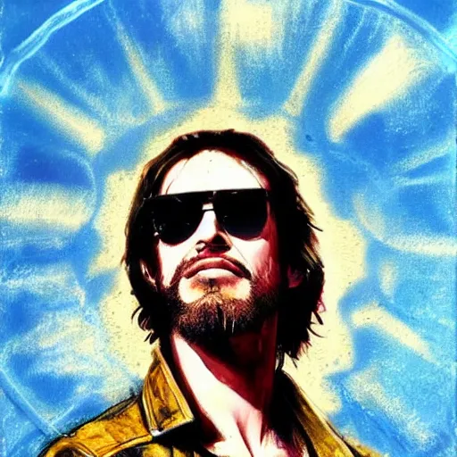 Prompt: art of cool jesus wearing sun glasses by christopher shy on a jeans jacket