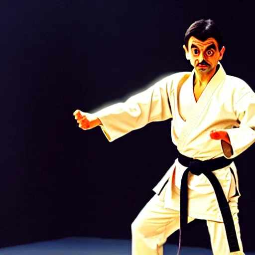 Prompt: mr. bean as the karate kid. movie still. cinematic lighting.