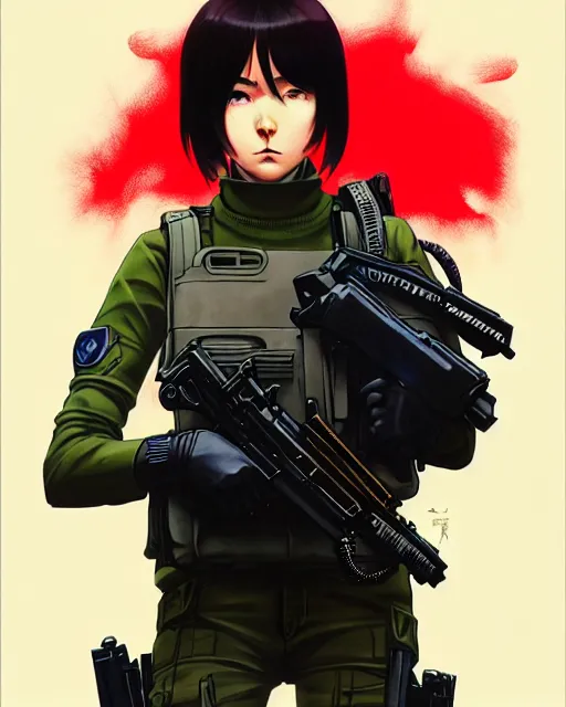 Image similar to girl wearing tactical gear, very anime, fine - face, audrey plaza, realistic shaded perfect face, fine details. anime. realistic shaded lighting poster by ilya kuvshinov katsuhiro otomo ghost - in - the - shell, magali villeneuve, artgerm, jeremy lipkin and michael garmash and rob rey