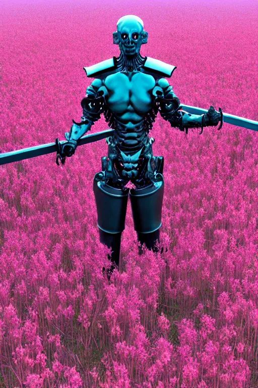 Prompt: hyperrealistic neo - gothic muscular human demon hybrid, exoskeleton armor, holding katana, standing in a field of pink flowers, highly detailed smooth concept art masterpiece, vitaly bulgarov dramatic dark teal light, ground angle hd 8 k, sharp focus