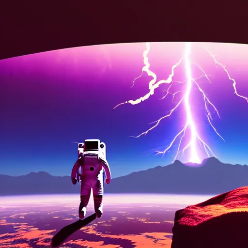 Image similar to astronaut finding a flower on an alien planet with mountains, water, strange clouds, hyper realistic, dramatic lightning, ray tracing, 8 k