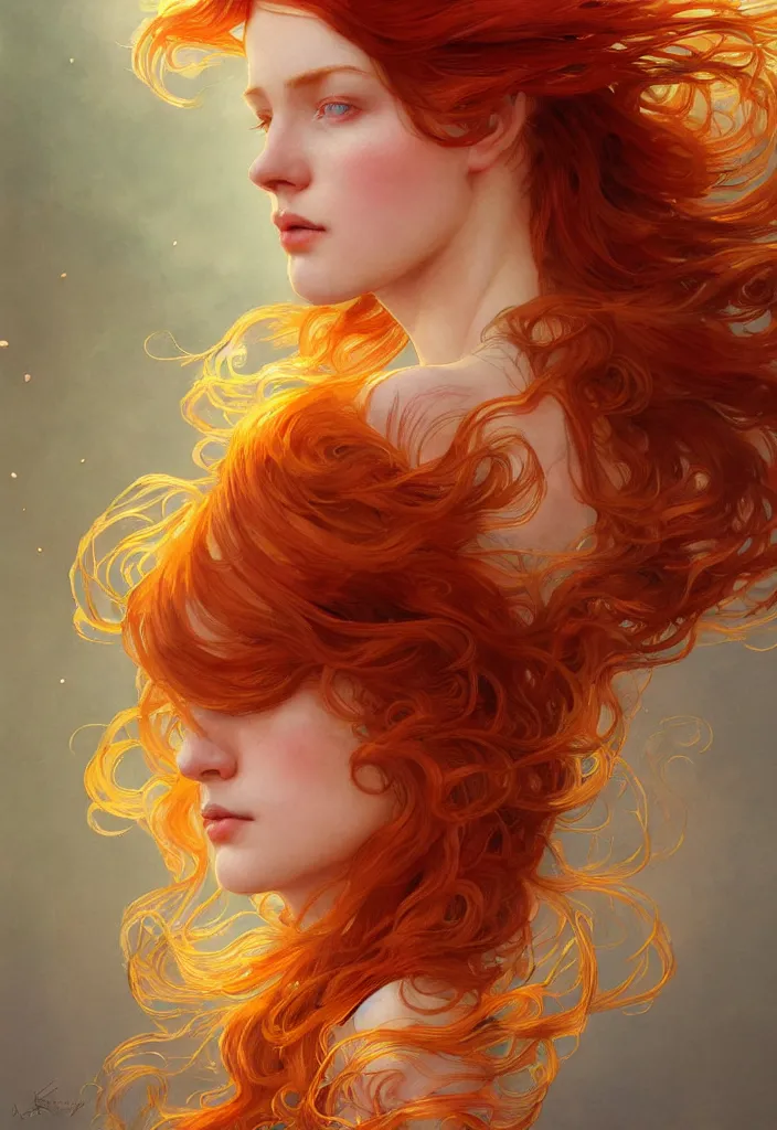 Image similar to beautiful watercolor painting of a young red hair woman surrounded by golden fish, intricate, elegant, highly detailed, digital painting, artstation, concept art, smooth, sharp focus, art by krenz cushart and artem demura and alphonse mucha, dynamic lighting, full body shot, ultrarealistic, cinematic, octane render, 8 k