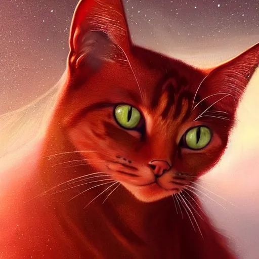 Image similar to portrait of a beautiful red cat celestial background, fantasy, highly detailed, cinematic lighting, digital art painting by artgem and greg rutkowsk, trending on artstation, very very beautiful, very attractive