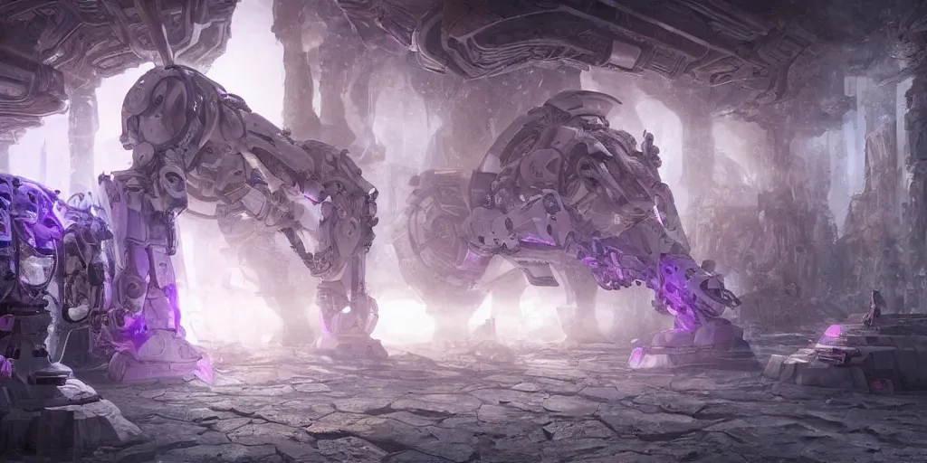 Image similar to a digital painting of a big robot made of white stone, purple crystal inlays, by jonas de ro, keeping the entrance of a sanctum, crystals enlight the scene, view is centered on the robot, cinematic lights, at dawn, unreal engine, attestation, deviantart