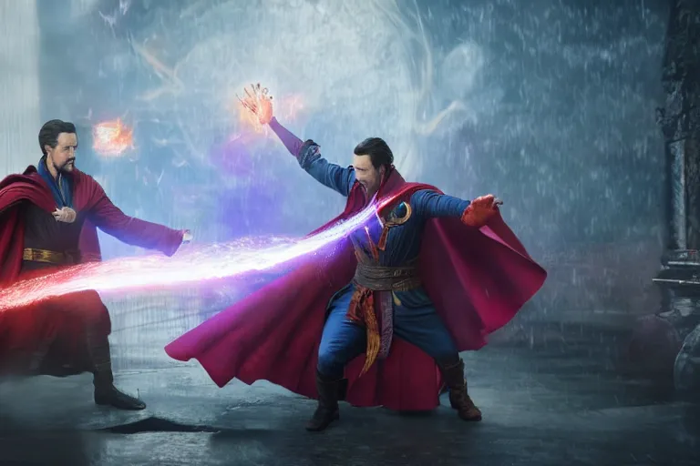 Prompt: Action sequence still of Doctor Strange in the foreground and Scarlet Witch in the background, fighting using magic on a battlefield, Trending on artstation, photorealistic image, photorealistic imagery, 4k, 8k, movie still, action still