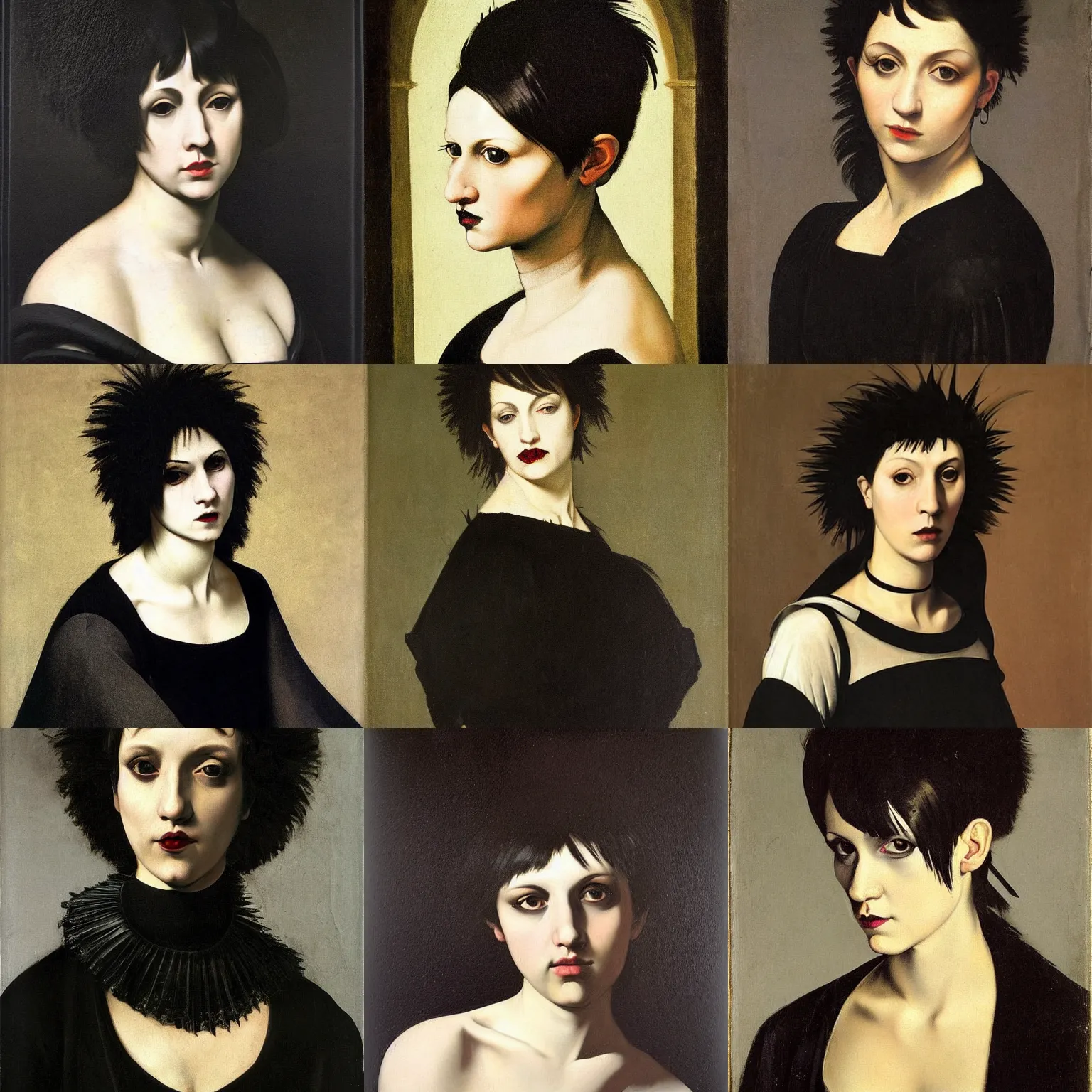 Prompt: A goth portrait painted by Caravaggio. Her hair is dark brown and cut into a short, messy pixie cut. She has a slightly rounded face, with a pointed chin, large entirely-black eyes, and a small nose. She is wearing a black tank top, a black leather jacket, a black knee-length skirt, a black choker, and black leather boots.