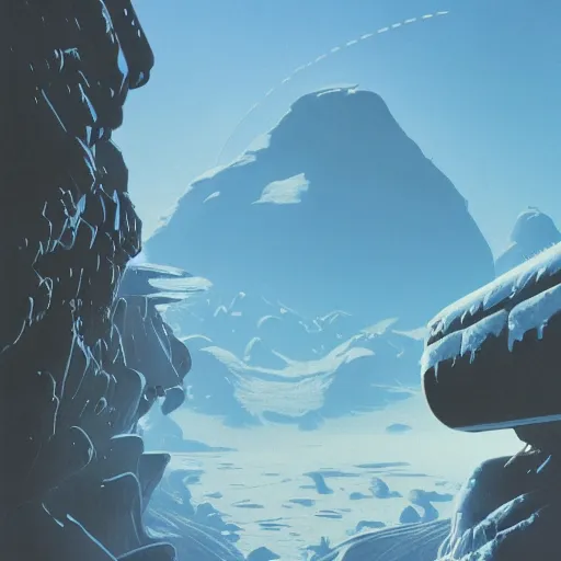 Image similar to Frozen frontiers on an alien planet, floating mountains above clouds in the background, vanishing perspective of a road, ravine, Syd Mead, John Harris, Federico Pelat,