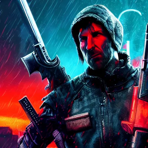 Image similar to todd howard with a pistol, forcing you to buy skyrim, threatening, sharp, cinematic, colorful, digital art, neon, bright, cyberpunk, blade runner 2 0 4 9, realism, bold