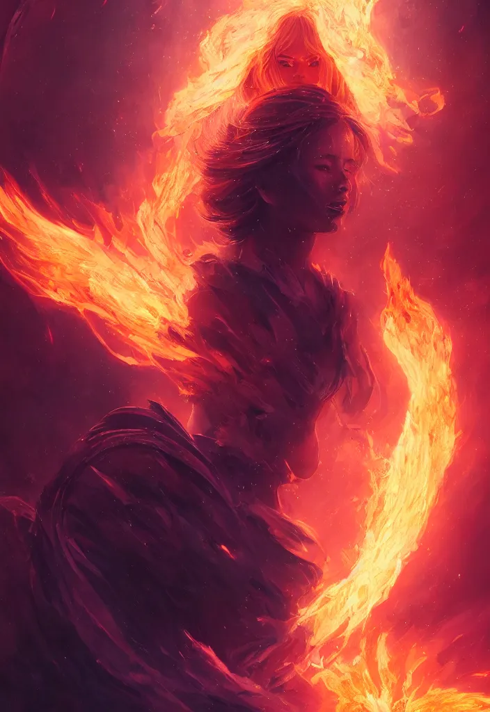 Image similar to a fancy portrait of a small female celestial engulfed in coloured flames by greg rutkowski, sung choi, mitchell mohrhauser, maciej kuciara, johnson ting, maxim verehin, peter konig, bloodborne, 8 k photorealistic, cinematic lighting, hd, high details, dramatic, dark atmosphere, trending on artstation