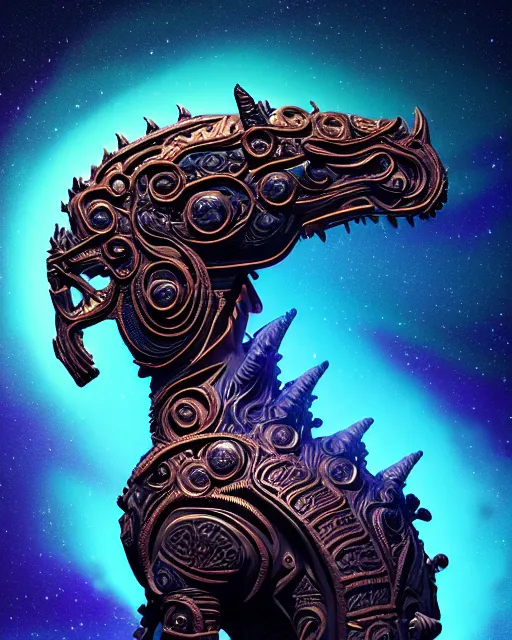 Image similar to 3 d ornate carved dark cosmic horse with profile portrait, sigma 5 0 0 mm f / 5. beautiful intricate highly detailed quetzalcoatl skull. bioluminescent, plasma, lava, ice, water, wind, creature, thunderstorm! artwork by tooth wu and wlop and beeple and greg rutkowski, 8 k trending on artstation