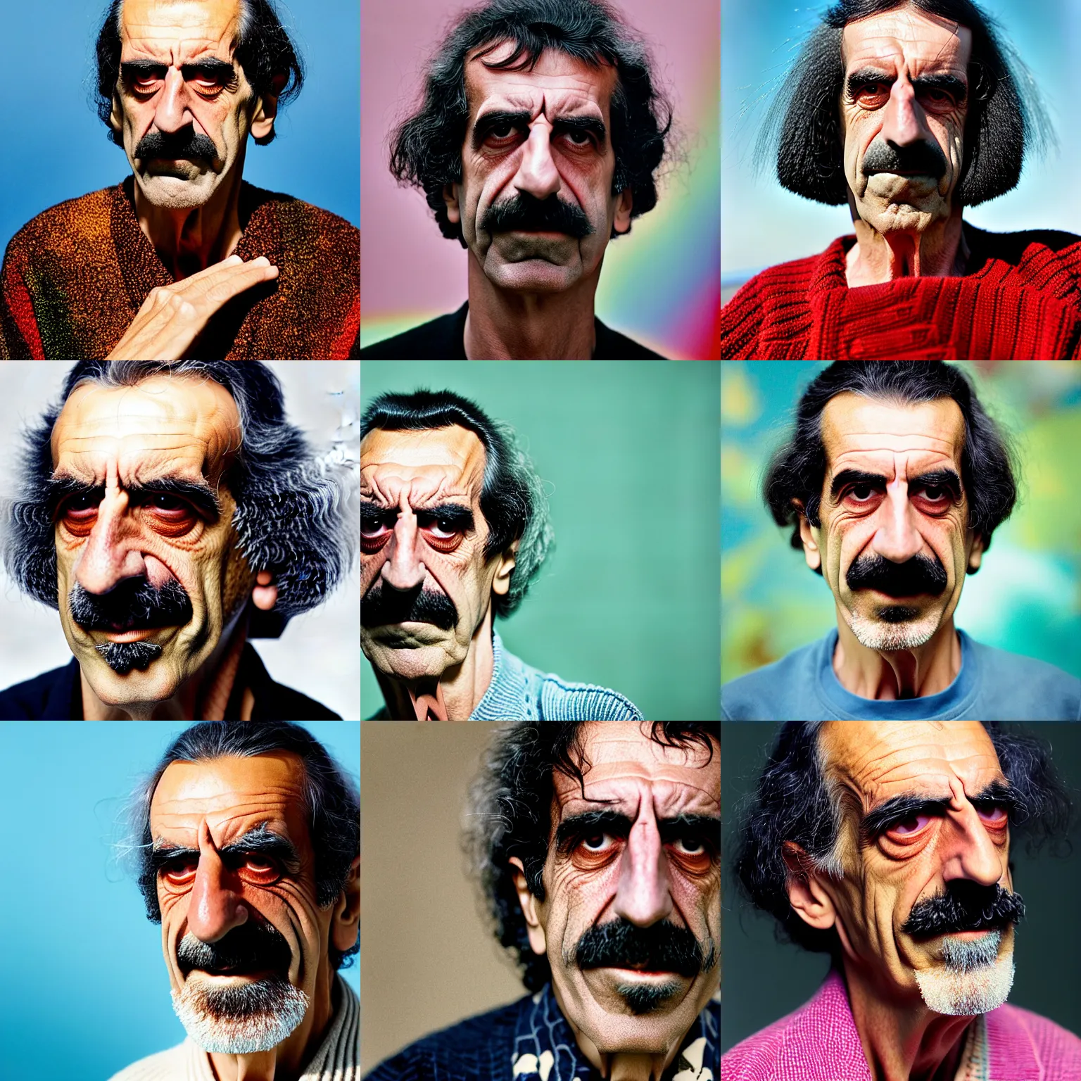 Prompt: a close up color portrait of frank zappa aged 9 8 with background scenery by juergen teller, iris van herpen rankin, ring - flash