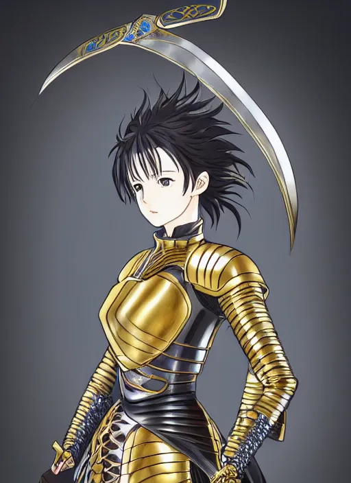 Image similar to key anime visual portrait of a woman knight in ceremonial armor 3 / 4 angle pose, face by murata range, armor designed by gutsav klimt