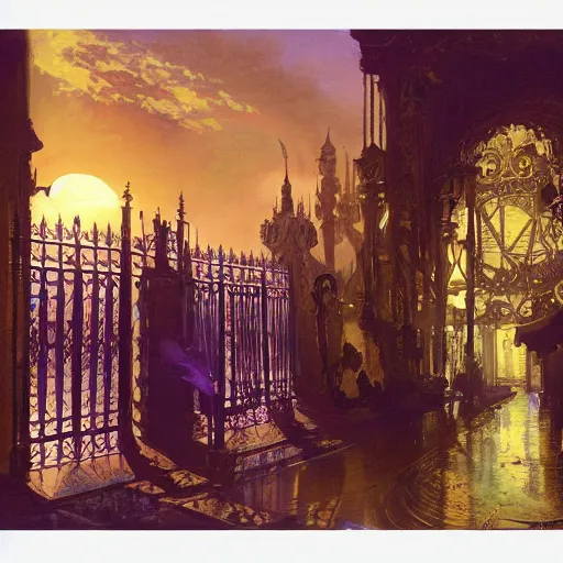 Prompt: painting of syd mead artlilery scifi organic shaped sjyscraper with ornate metal work and fence around it, volumetric lights, purple sun, andreas achenbach