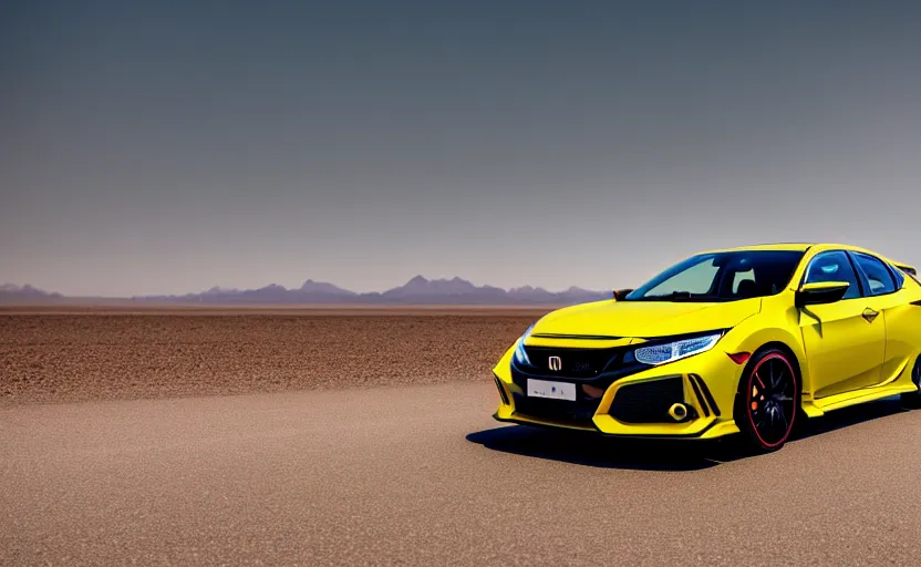 Prompt: photograph of a cell-shaded yellow Honda Civic EK9 Type-R, on a desert road with a futuristic city in the horizon, kicking up dirt, sigma 85mm f/1.4, 4k, depth of field, high resolution, 4k, 8k, hd, full color