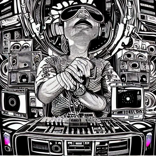 Prompt: intricate detailed artwork of a futuristic hardstyle music dj at an underground warehouse rave in the style of Geof Darrow, VR headset, wires, speakers, neon