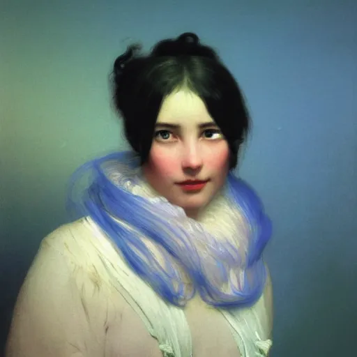 Prompt: a young woman's face, her hair is chrome and she wears an cobalt blue satin cloak, by ivan aivazovsky and syd mead and moebius and gaston bussiere and roger dean and pieter claesz and paul delaroche and alma tadema and aelbert cuyp and willem claesz, hyperrealistic, volumetric light, octane render