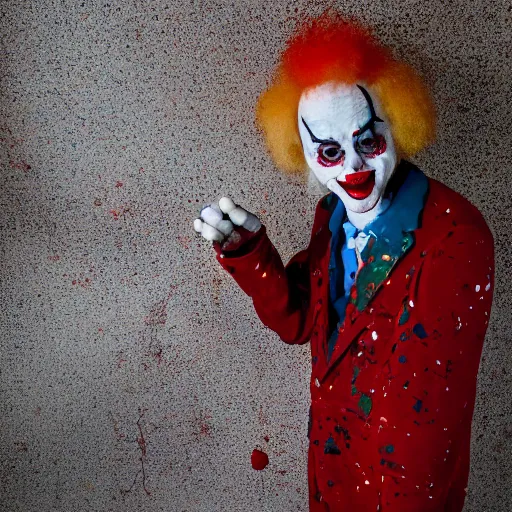 Image similar to full body heat to toe shot of an expressionless clown with blood splattered on him, muted tones, slightly out of focus, found footage, dutch angle