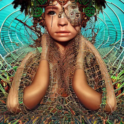 Image similar to swimming deeper into the multiverse, piles of modular synth cables mixed with mangrove roots, kawaii puerto rican goddess chilling out wearing a headpiece made of circuit boards, by cameron gray, wlop, stanley kubrick, masamune, hideki anno, jamie hewlett, unique perspective, trending on artstation, 3 d render, vivid