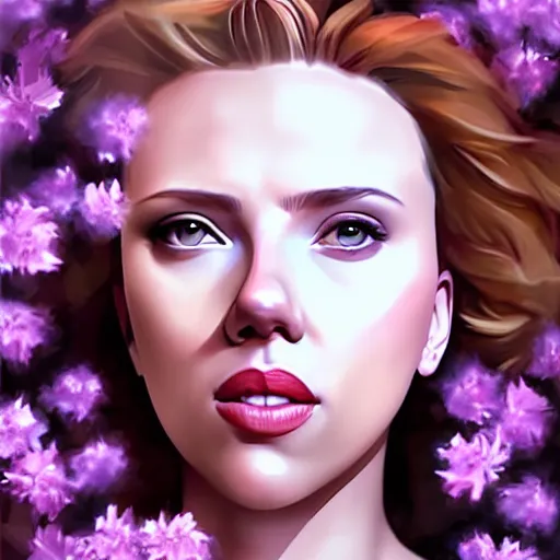 Prompt: beautiful woman Scarlett Johansson surrounded by Columbine flowers, symmetrical face, portrait, Charlie Bowater character art