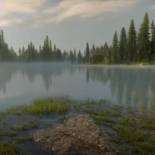 Image similar to still shot of a lake covered in morning fog, highly detailed, photorealistic portrait, bright studio setting, studio lighting, crisp quality and light reflections, unreal engine 5 quality render