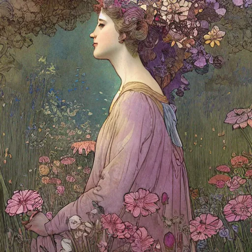 Image similar to a beautiful intricate watercolor illustration of a princess in a garden with flowers, leaves, 4 k, ultra - wide angle, by william turner, by victo ngai, by alphonse mucha, by moebius, by gustave dore, hd, trending on artstation, hyper detailed, muted intense colors