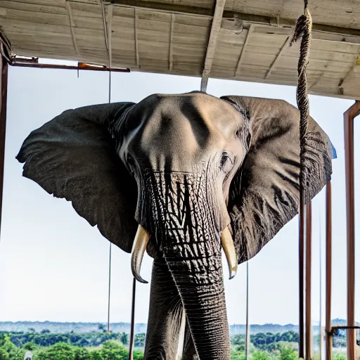 Prompt: elephant hanging like a bat under the roof