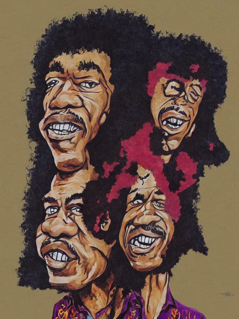 Prompt: a hilarious caricature painting of Jimi Hendrix by Sebastian Kluger