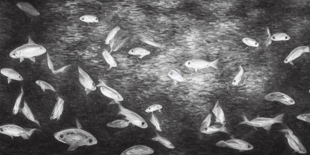 Image similar to An aesthetically pleasing, dynamic, energetic, lively, well-designed digital art of goldfish in a pond viewed from underwater, light and shadow, chiaroscuro, by Claude Monet and Vincent Van Gogh, superior quality, masterpiece, excellent use of negative space. 8K, superior detail, widescreen.