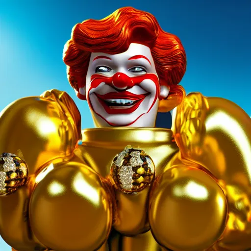 Image similar to A still of Ronald McDonald surrounded by gold and diamonds, Award-winning, photograph, 3d render, unreal engine, 4k detailed