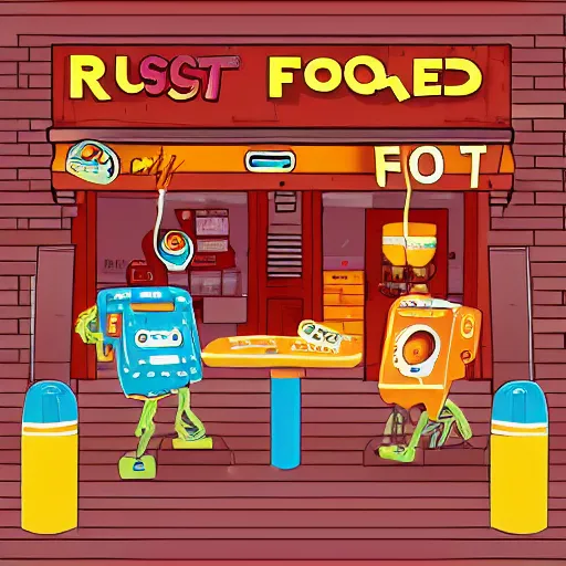 Image similar to a fast food restaurant named rust runned by cute tiny robots, digital art