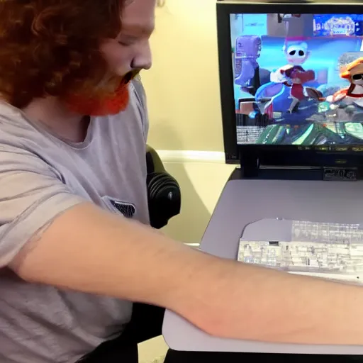 Prompt: a male ginger puppet streams games on his computer to twitch,