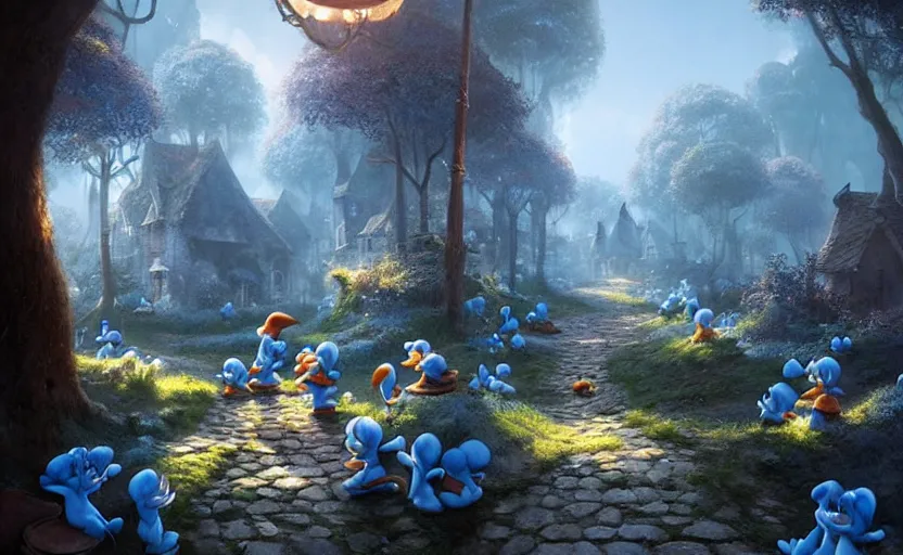 Prompt: a beautiful photo the smurfs village, hyper realistic, natural light, concept art, by greg rutkowski, cozy atmospheric and cinematic lighting