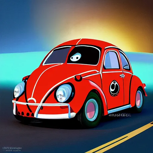 Image similar to a hybrid giant lady bug is merged with'herbie the love bug'car, digital art, hyperrealistic, imax, 7 0 mm, movie still