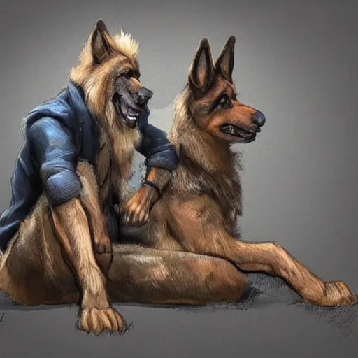 Image similar to two humanoid german shepherds beast - men, sitting on a couch and hugging together, artstation, concept art, smooth, sharp foccus ilustration, artstation