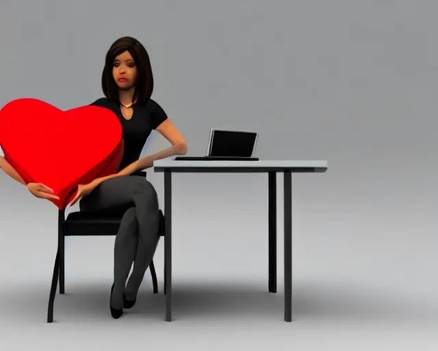 Image similar to a woman sitting on a desk with a heart shaped object in her lap, computer graphics by Minerva J. Chapman, polycount, net art, daz3d, 3d, rendered in maya