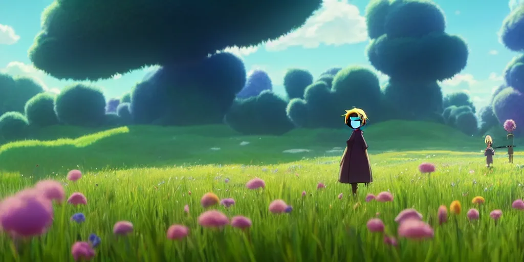 Prompt: a wholesome animation key shot of a beautiful grass field with flowers, howl's moving castle inspired by studio ghibli, pixar and disney animation, sharp, rendered in unreal engine 5, focused, anime key art by greg rutkowski, bloom, dramatic lighting