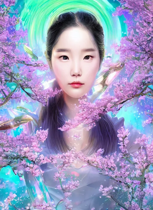 Prompt: portrait of IU Lee Ji-Eun as a Celestial Goddess of a futuristic pearlescent holographic, inside future fighter, sci-fi, fantasy, intricate, lush garden spaceship with sakura season flowers in Kyoto Japan, elegant, human anatomy, royal green and nature light, highly detailed, digital painting, artstation, concept art, smooth, sharp focus, illustration, art by tian zi and WLOP and alphonse mucha, masterpiece, 3d blender