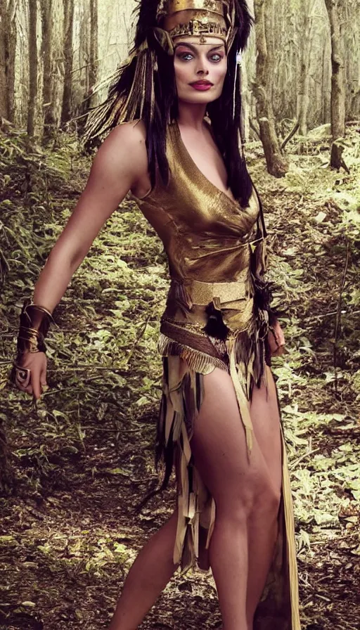 Image similar to beautiful margot robbie cosplaying as cleopatra, photo in a forest, barefoot