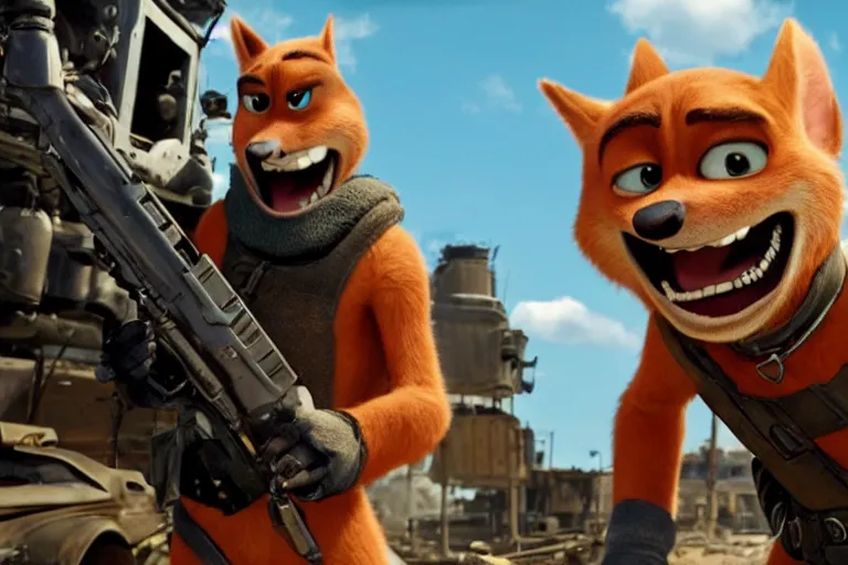 Image similar to nick wilde, heavily armed and armored facing down armageddon in a dark and gritty reboot from the makers of mad max : fury road