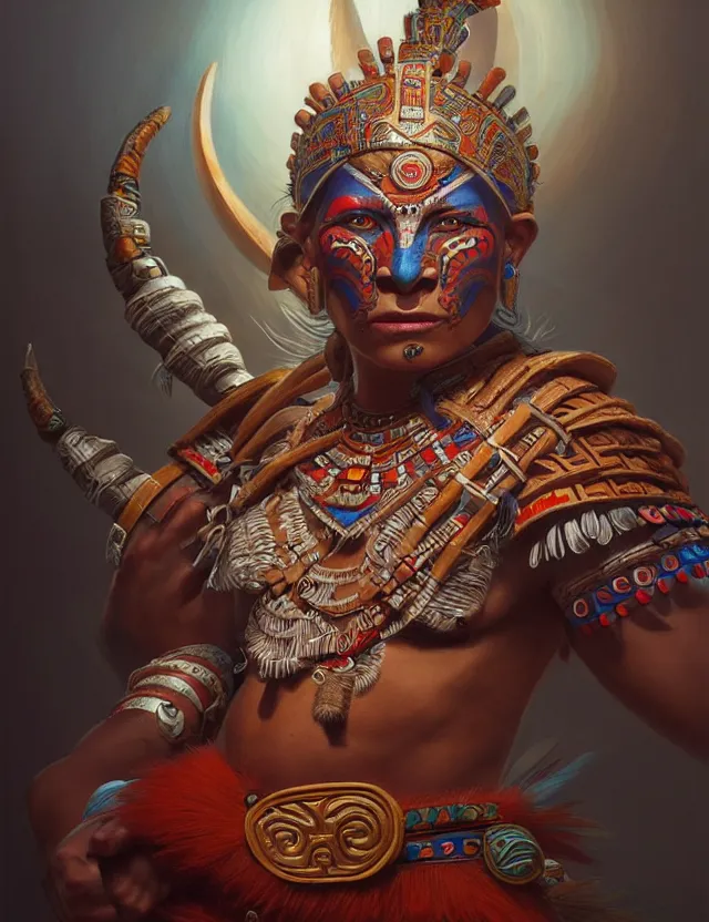 Image similar to ultra realistic illustration, aztec warrior, intricate, highly detailed, digital painting, artstation, cgnode, concept art, smooth, sharp focus, cinematic lighting, colorful, art by artgerm and peter mohrbacher and fenghua zhong